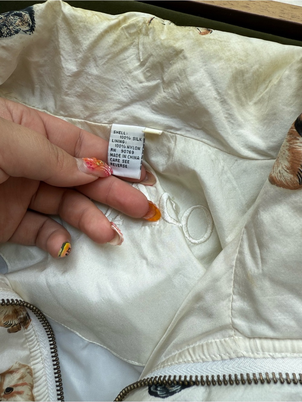 Coaco Silk Cat Pattern Bomber White Jacket , Size L, EUC - Picture 3 of 6